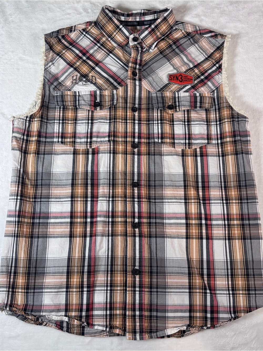 Harley Davidson Men’s M Sleeveless Plaid Biker Shirt HD Graphic Raw Hem